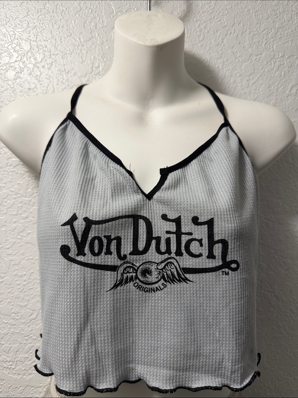 Von Dutch Grey & Black Waffle Halter Crop Tank